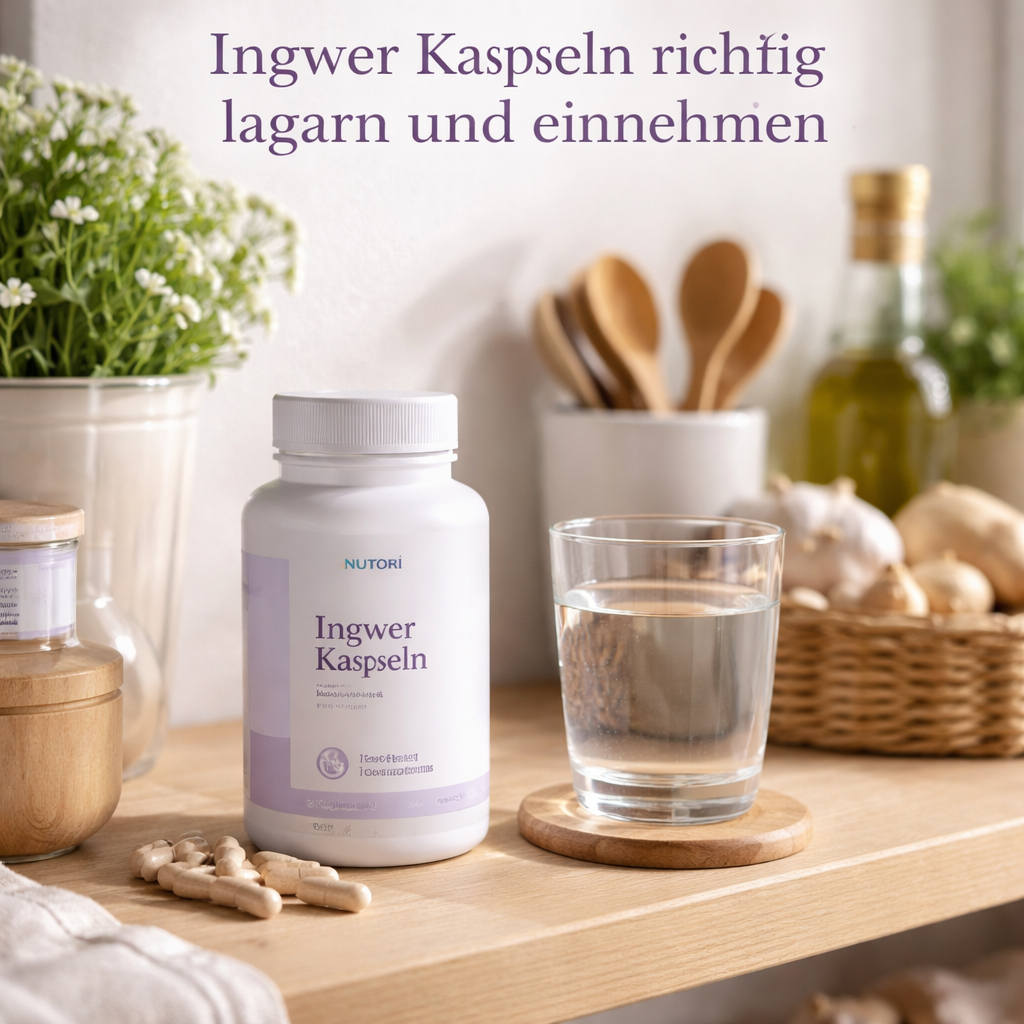 A photorealistic image of a wooden kitchen shelf with a bottle of ginger capsules beside a glass of water, soft natural lighting, showing a cool, dry storage setting. Alt: Ingwer Kapseln richtig lagern und einnehmen