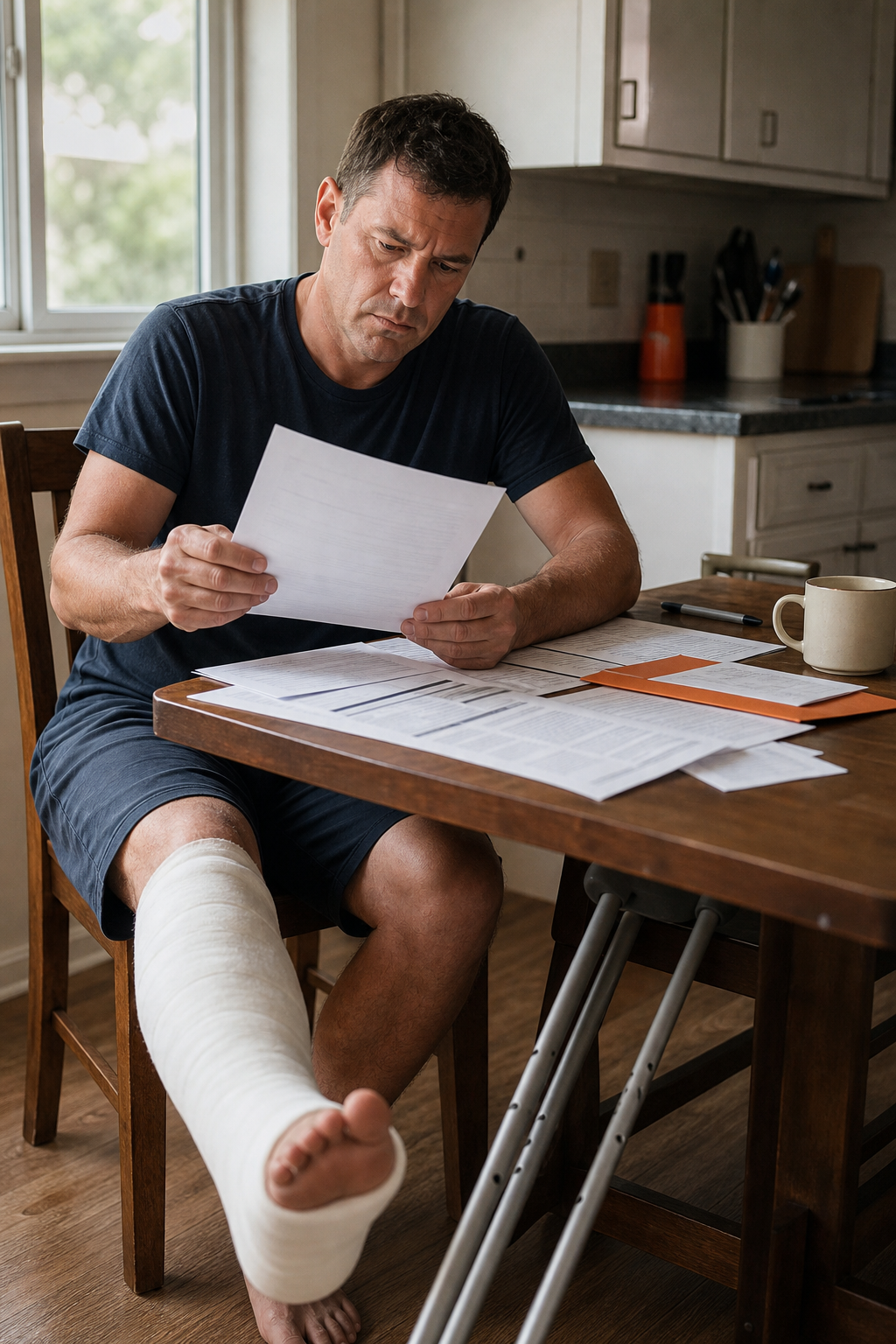 A photorealistic scene of an injured maritime worker with a leg cast sitting at a kitchen table reviewing medical paperwork and bills in a modest home, warm natural light through a window. Alt: Injured seaman reviewing maintenance and cure benefits paperwork during recovery.