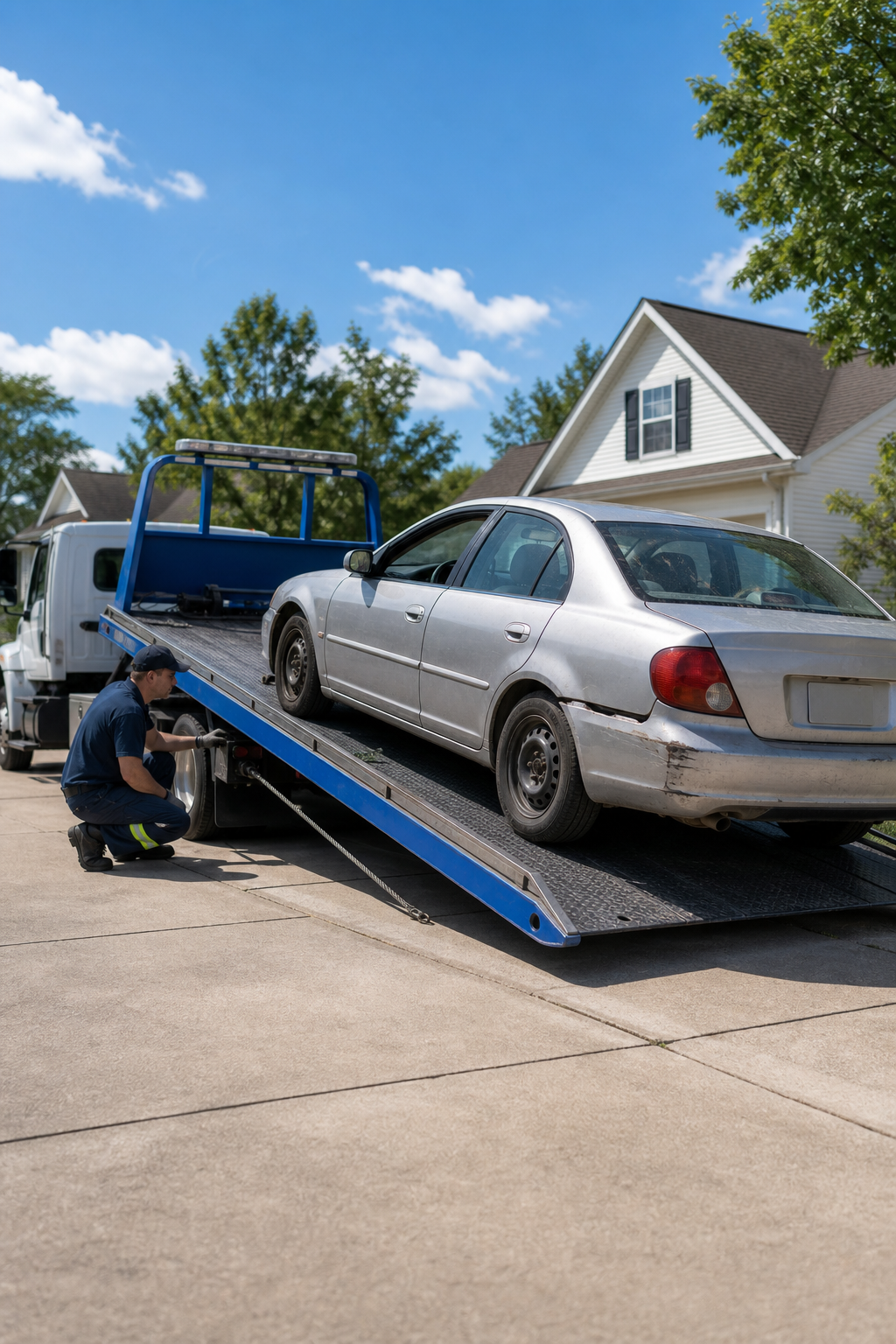 A realistic scene of a car transport truck with a winch loading a non-running silver sedan in a suburban driveway on a sunny day, showcasing professional vehicle handling with blue accent colors on the transport equipment. Alt: inoperable car transport service loading non-running vehicle with winch.
