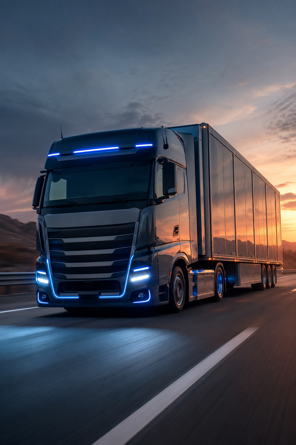 A fast-moving enclosed car transport truck on a clear highway at dusk, with blue accent lighting on the cab, conveying speed and urgency for expedited vehicle shipping. Alt: expedited inoperable car transport truck moving fast on interstate highway.