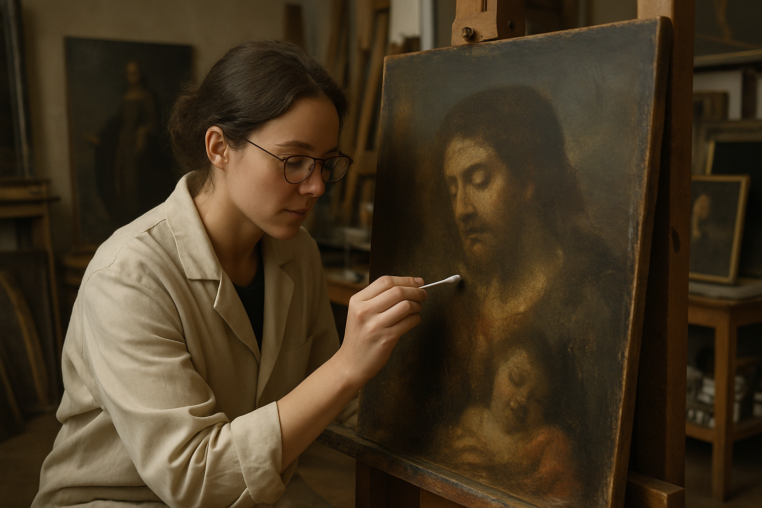 A conservator in a restoration arts studio delicately cleaning an old painting. Alt: restoration arts studio expert restoring a historic painting.