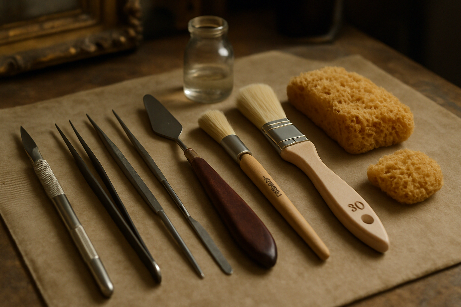Close-up of conservation tools laid out meticulously inside a restoration arts studio. Alt: precision tools used in restoration arts studios.