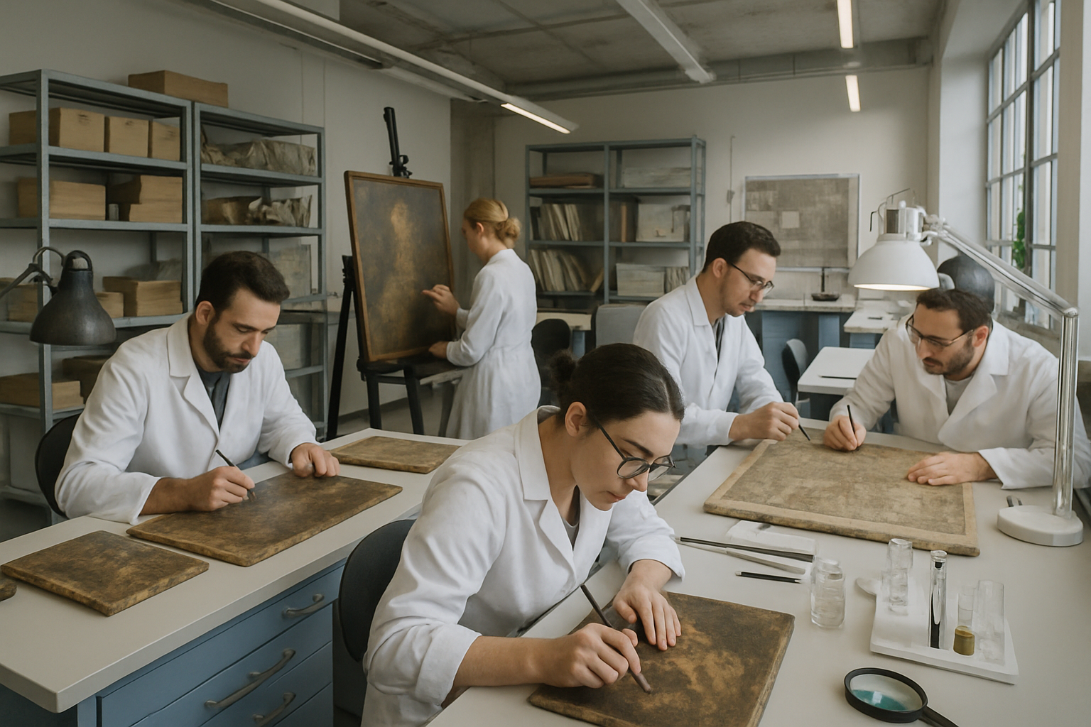 Interior of a modern restoration arts studio with conservators working meticulously. Alt: modern restoration arts studio interior with skilled conservators