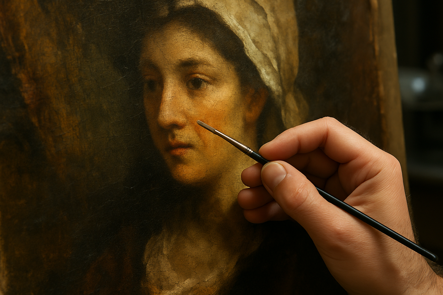 Close-up showing the delicate process of restoring a faded painting using advanced techniques. Alt: restoration arts studio restoring painting details