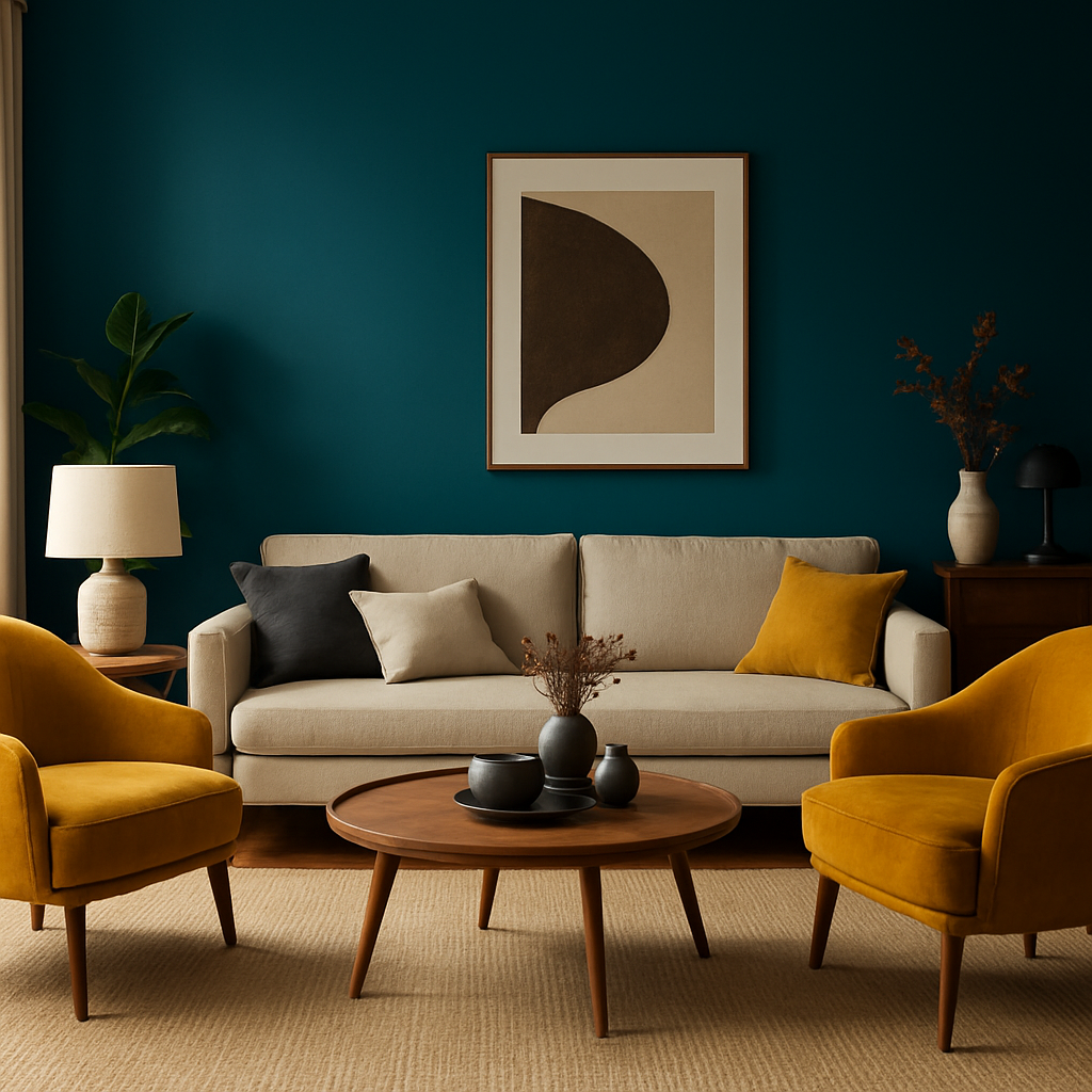 A modern living room featuring a deep teal accent wall, neutral sofa, and mustard velvet occasional chairs. Alt: Bold color palette inspired interior with teal wall and mustard accents