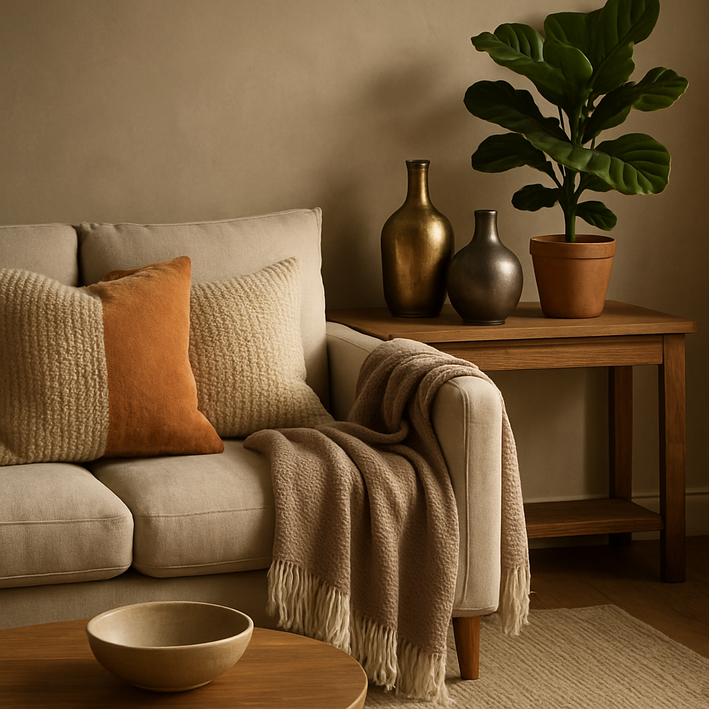 A cozy living room scene featuring layered textiles, a mixed‑metal vase trio, and a leafy fiddle‑leaf fig on a wooden console. Alt: Curated accessory layers creating an Inspired Interiors look