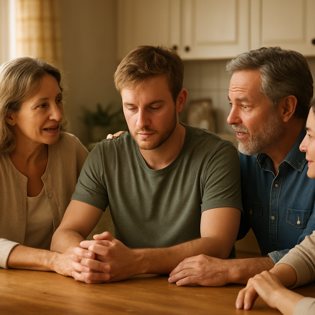A photorealistic scene of a supportive family gathered around a kitchen table, each person speaking calmly, with warm natural lighting, highlighting the emotional connection during an intervention. Alt: Intervention success stories showing family unity and hope.