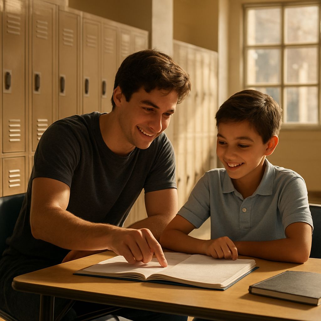 A photorealistic scene of a high school hallway where a teen mentor sits at a table with a younger student, both smiling and reviewing a notebook. Sunlight filters through large windows, casting warm light on lockers. The image captures a supportive, focused moment that illustrates the impact of youth mentorship on academic success. Alt: Youth mentorship intervention improving grades.