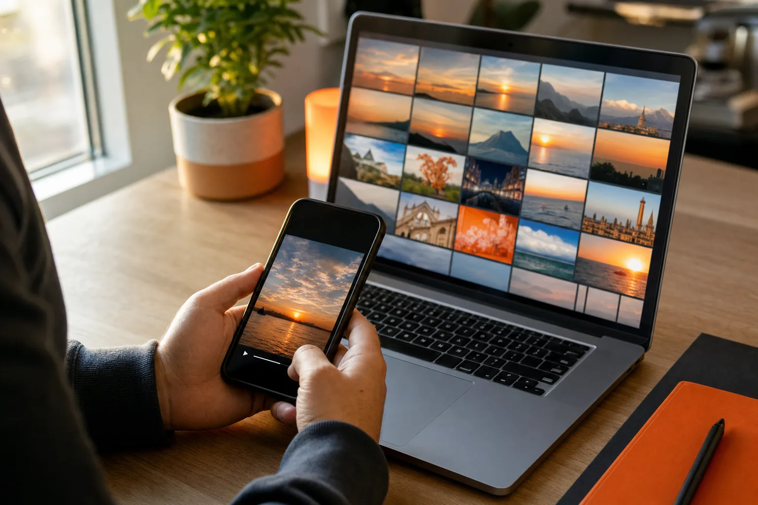 Checking downloaded Instagram Highlight photos and videos on a phone and laptop.