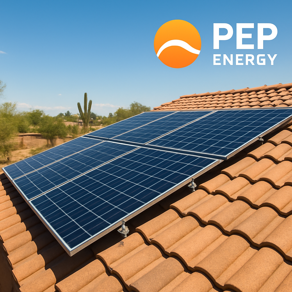 A sunny Arizona rooftop with solar panels tilted at 30 degrees, showing clear sky and minimal shade. Alt: off grid solar system Arizona rooftop installation