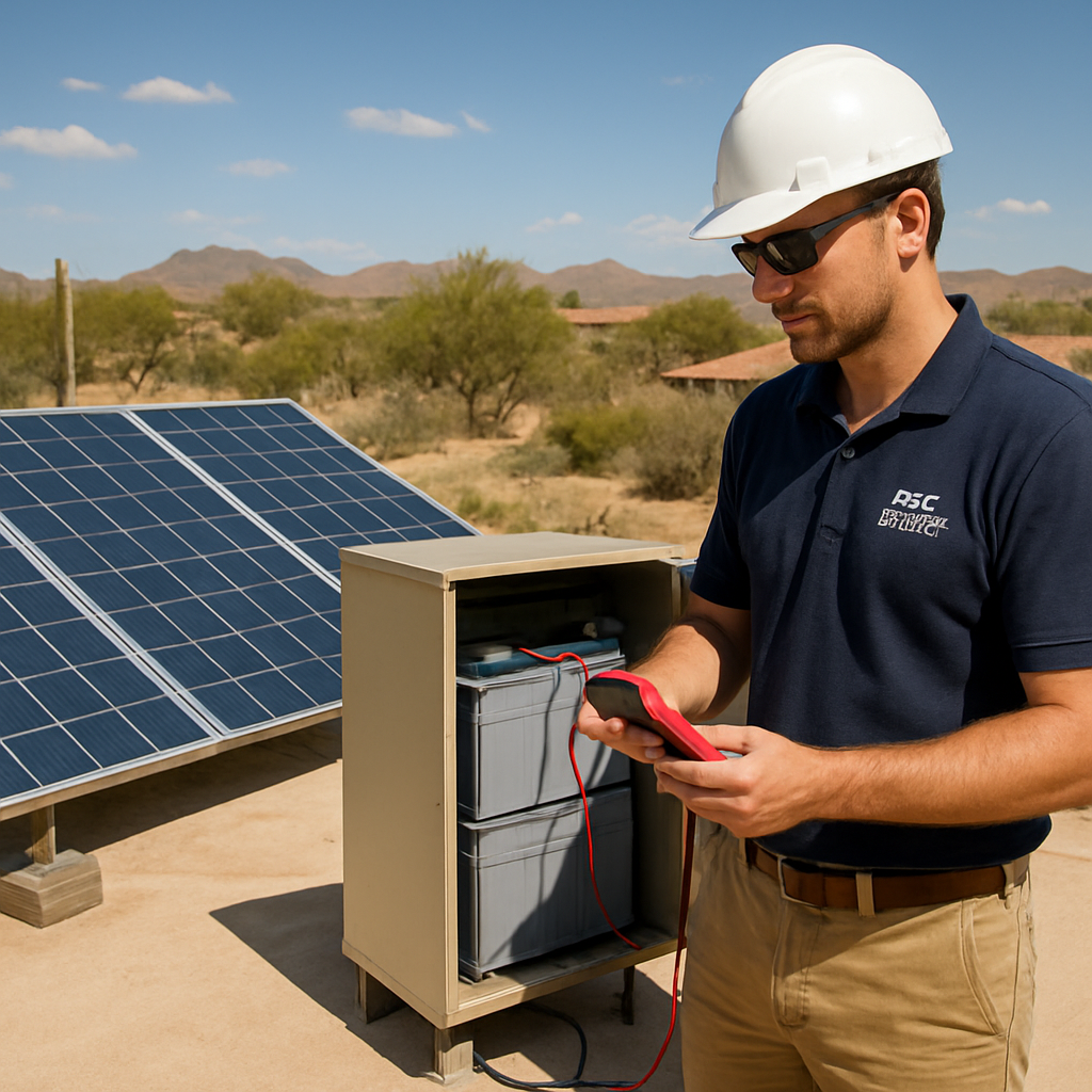 A sunny Arizona rooftop with a compact off‑grid solar array, battery bank in a shaded cabinet, and an installer checking voltage on a multimeter. Alt: Testing and commissioning an off‑grid solar system in Arizona.