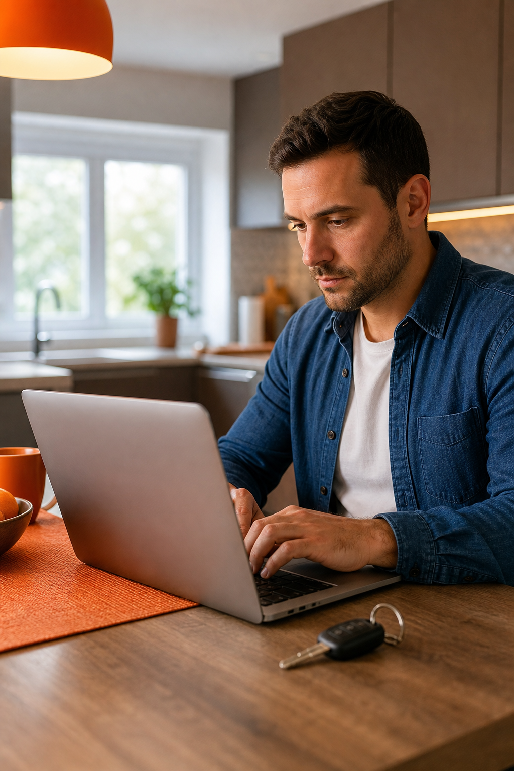 A photorealistic scene of a person sitting at a kitchen table, using a laptop to fill out an online loan application, car keys resting beside them, warm indoor lighting. Alt: person applying for instant car title loan approval online at home.