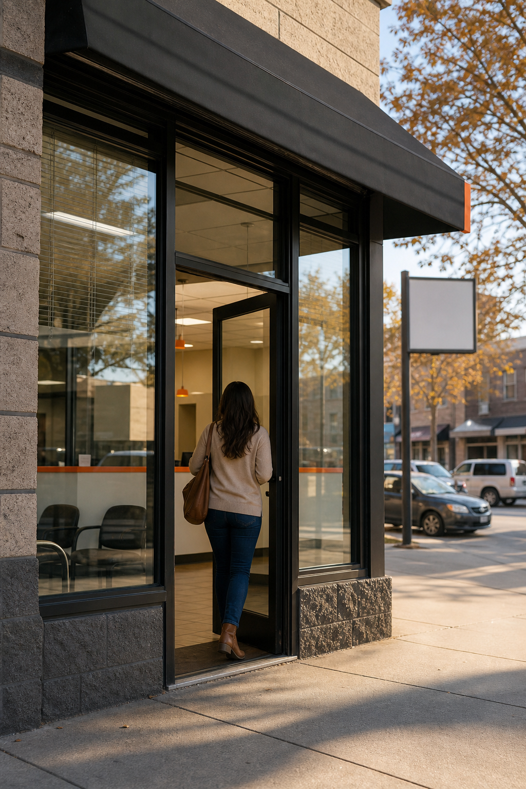 A photorealistic exterior shot of a small financial services storefront on a busy urban street, warm afternoon light, a customer walking through the front door. Alt: storefront title loan company location offering same-day cash approval.