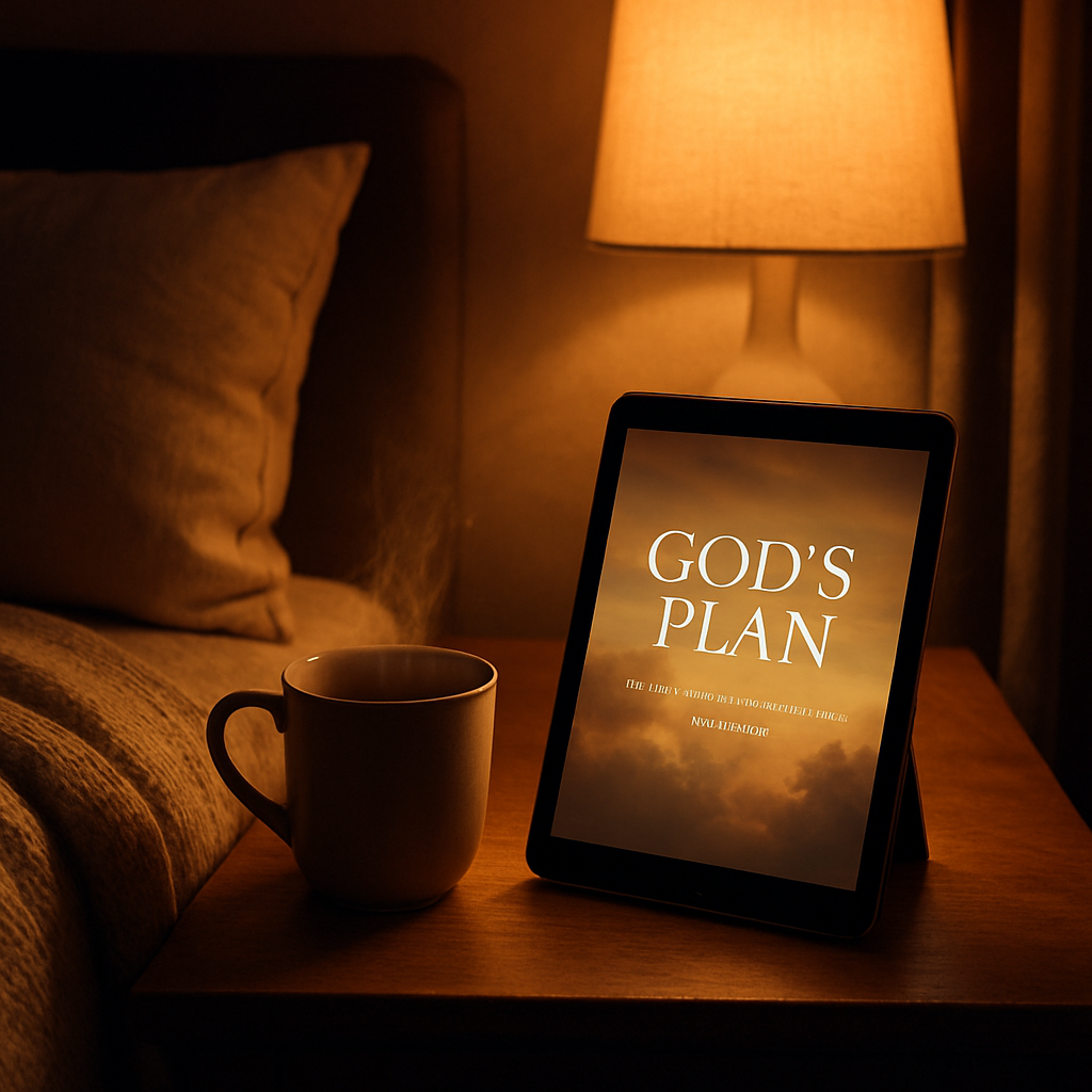 A cozy bedroom corner with a tablet displaying a Christian ebook, a steaming mug of tea, and soft ambient lighting. Alt: instant download christian ebooks cozy reading nook