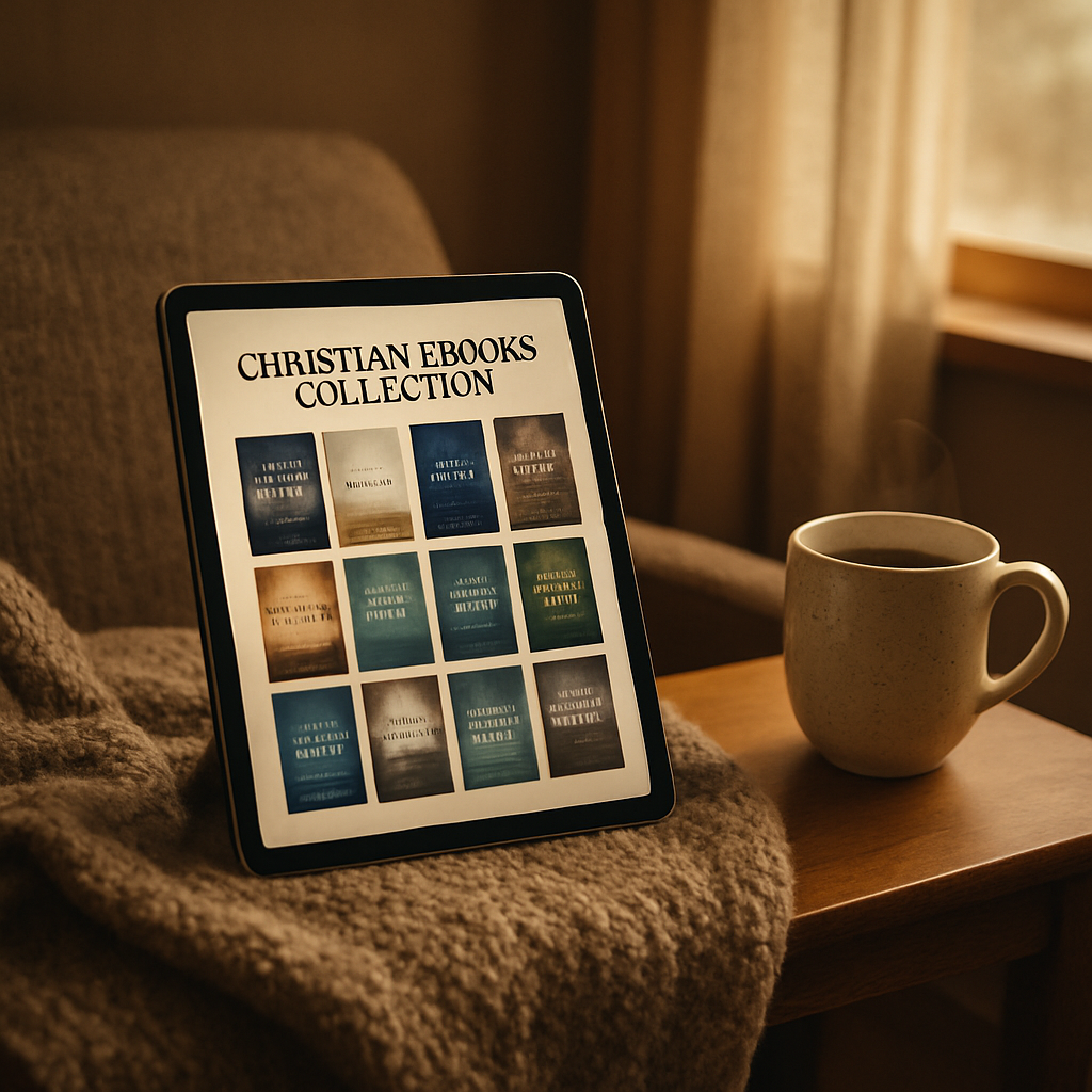 A cozy reading nook with a tablet displaying a Christian eBook collection page, coffee mug, and soft morning light. Alt: instant download christian ebooks collection display
