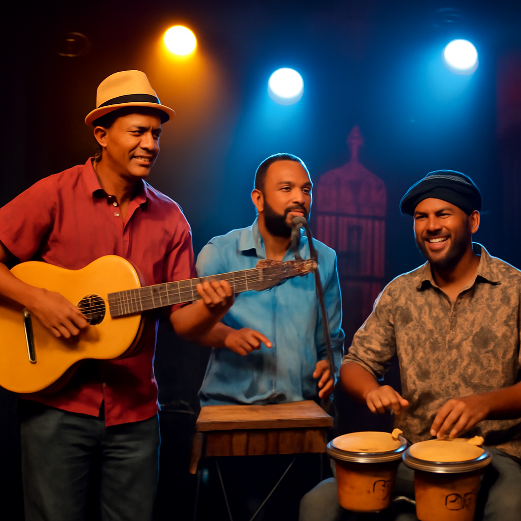A vibrant photo of a trio of musicians on stage, with a bright three, a marímbula, and a bongó under stage lights. Alt: musicians performing son cubano on a lively stage.