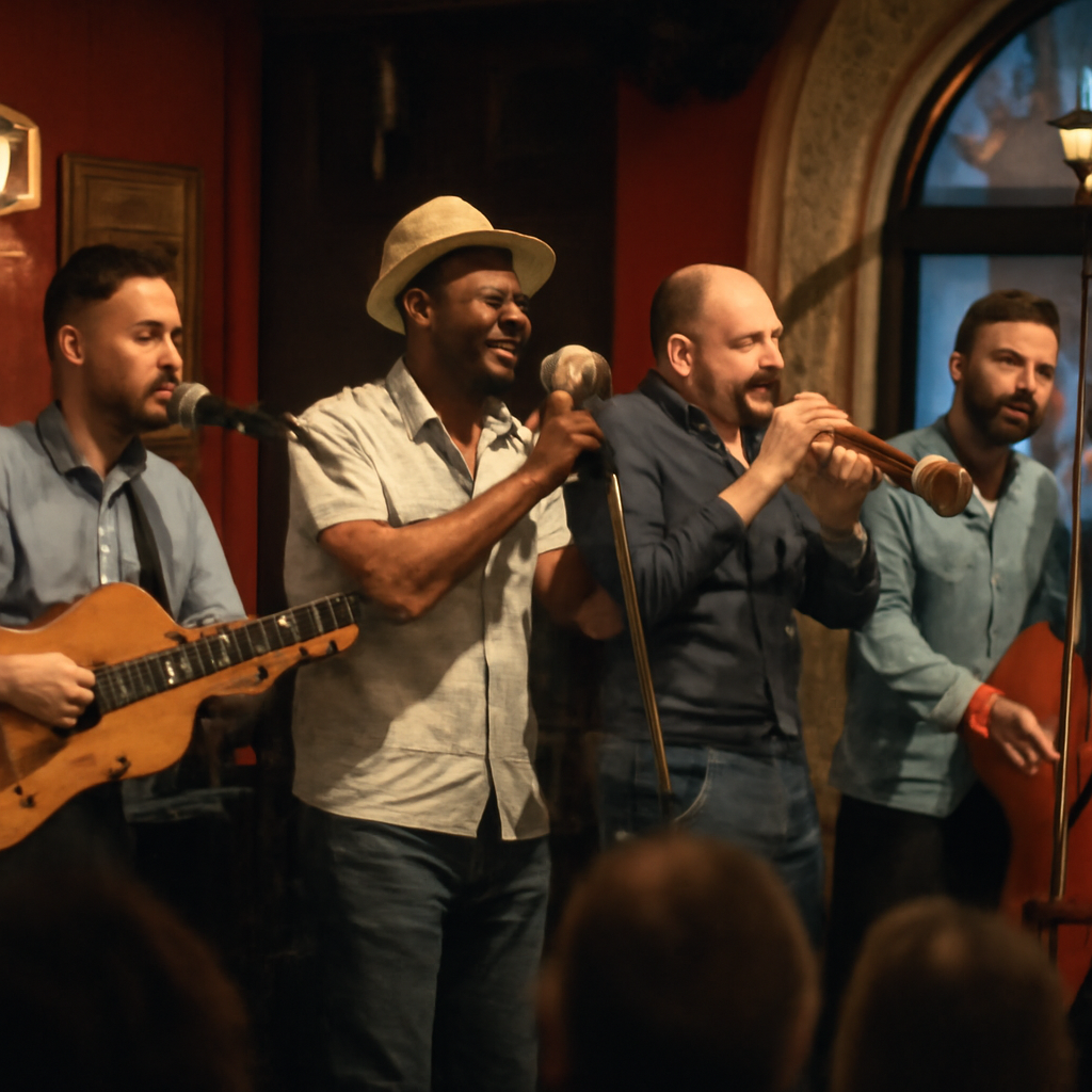 A bustling music venue in Madrid with a band performing son cubano, microphones and a mixing board visible in the background. Alt: Band performing son cubano live in Madrid.