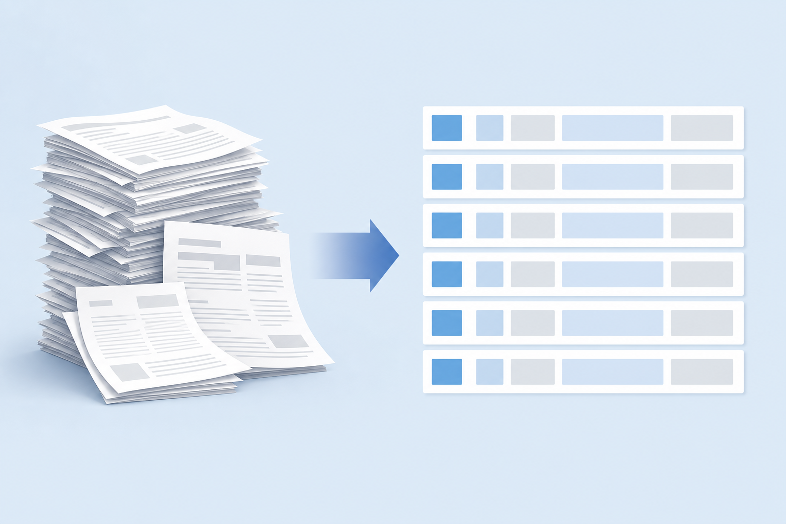 Flat illustration of documents being converted into structured data blocks
