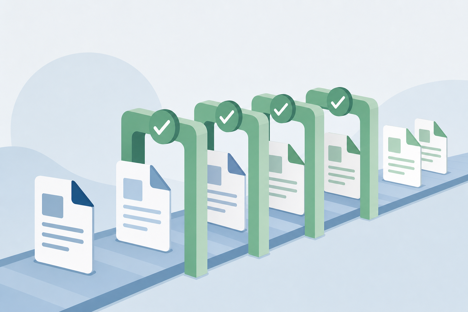 Flat illustration of validation checkmarks passing over document cards