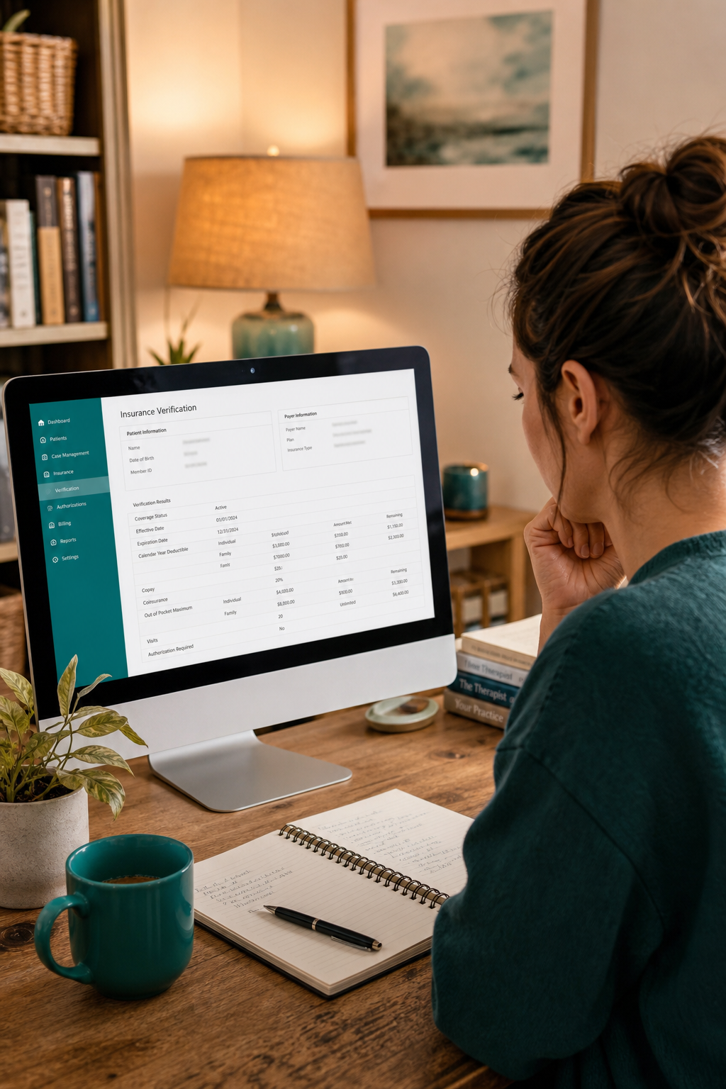 A warm, realistic photo of a solo therapist's desk with a computer showing an insurance verification screen, a notebook, and a cup of coffee, conveying the daily reality of managing practice finances. Alt: Solo therapist reviewing patient insurance benefits at her desk.