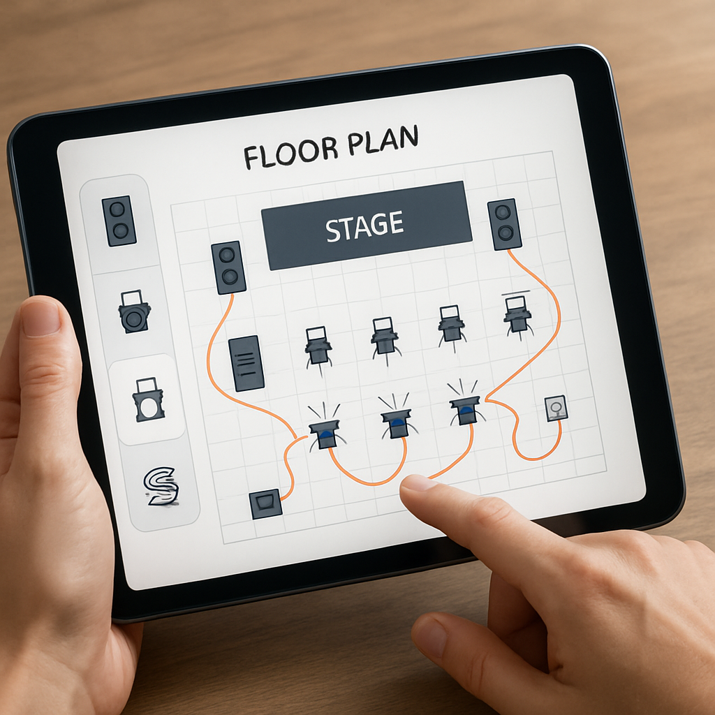 An AI‑generated illustration of a concert venue floor plan with draggable icons for speakers, lights, and cables, showing a user interacting on a tablet. Alt: interactive floor plan illustration for event staging.
