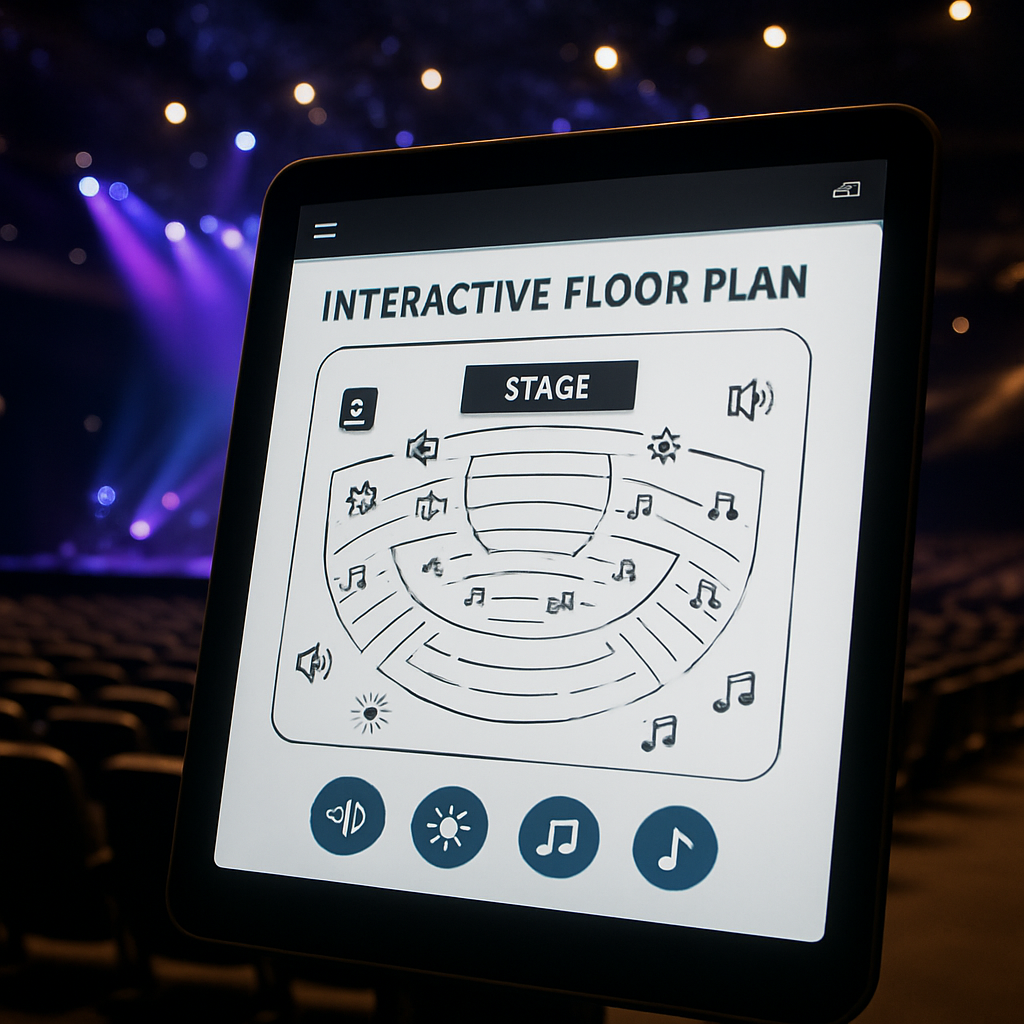 A modern concert venue screen displaying an interactive floor plan on a tablet, with icons for speakers, lights and notes. Alt: interactive floor plan integration on website for event production