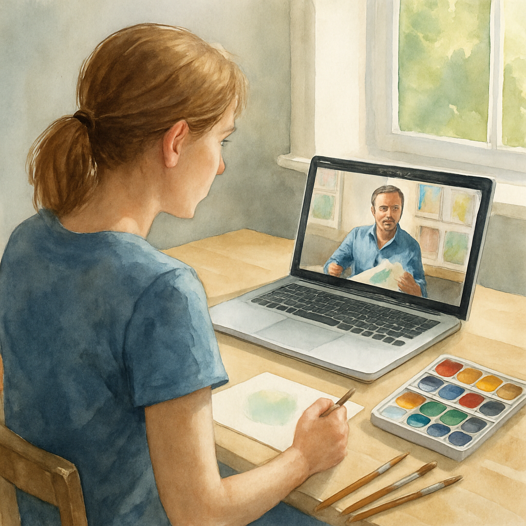 A watercolor student sitting at a desk, laptop open to a video lesson, palette and brushes beside them, bright natural light streaming in. Alt: Understanding the course structure of an interactive watercolor painting course with instructor feedback