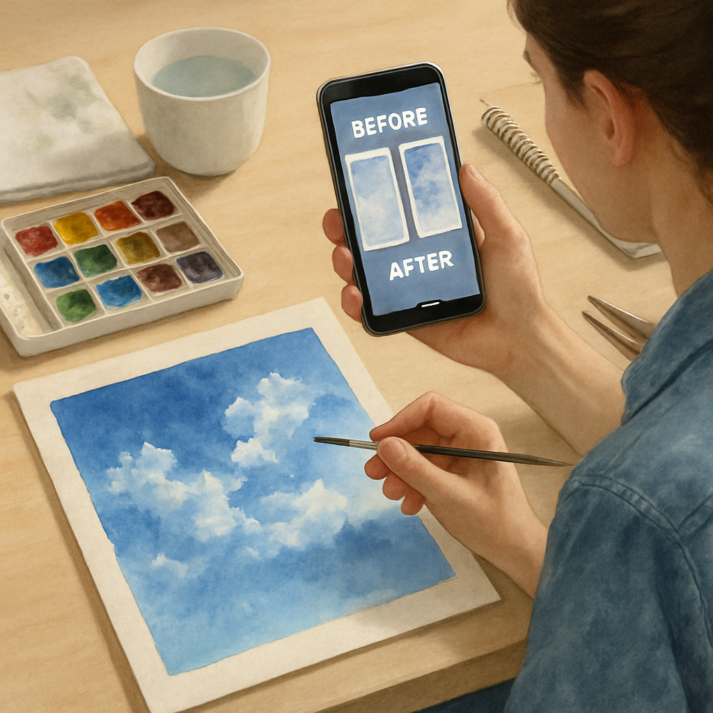 A watercolor artist at a tidy desk, comparing a before-and-after collage of a sky wash exercise on a phone screen. Alt: interactive watercolor painting course with instructor feedback progress tracking image.