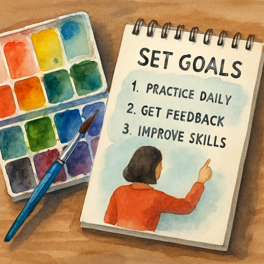 A watercolor palette with sketchbook, showing a learner setting goals, vibrant colors. Alt: interactive watercolor painting course with instructor feedback learning goals illustration