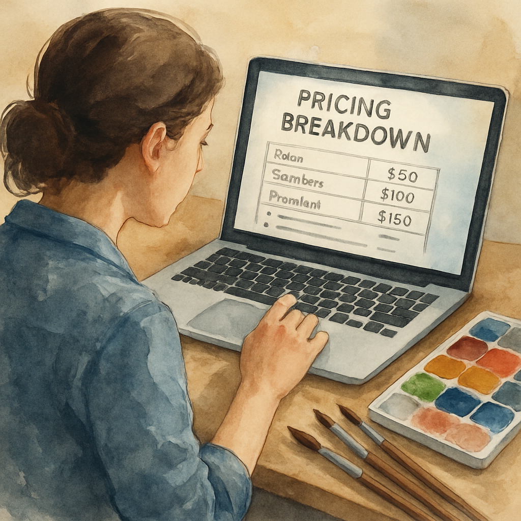 A watercolor artist reviewing a pricing breakdown on a laptop, with brushes and a palette beside the screen. Alt: interactive watercolor painting course pricing evaluation guide