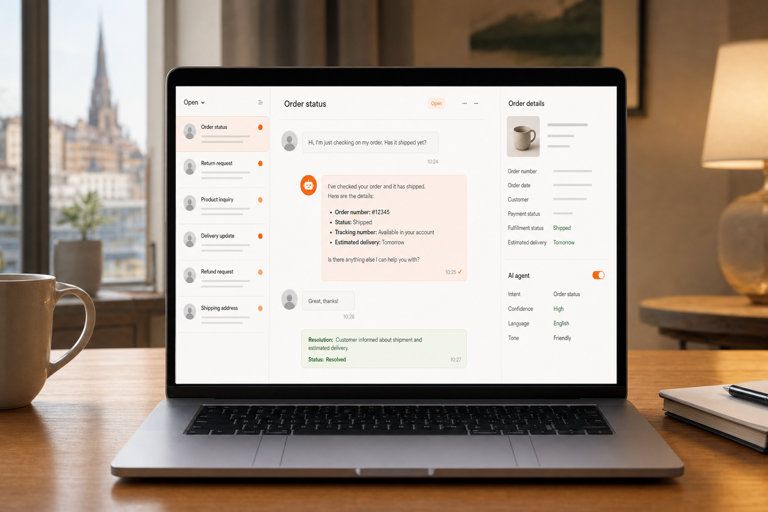 A realistic ecommerce support dashboard on a laptop screen showing an AI agent handling a customer order inquiry, with order details and a resolution status visible. The interface has warm orange accents. Alt: Nousu AI support agent dashboard resolving ecommerce customer tickets on Shopify.