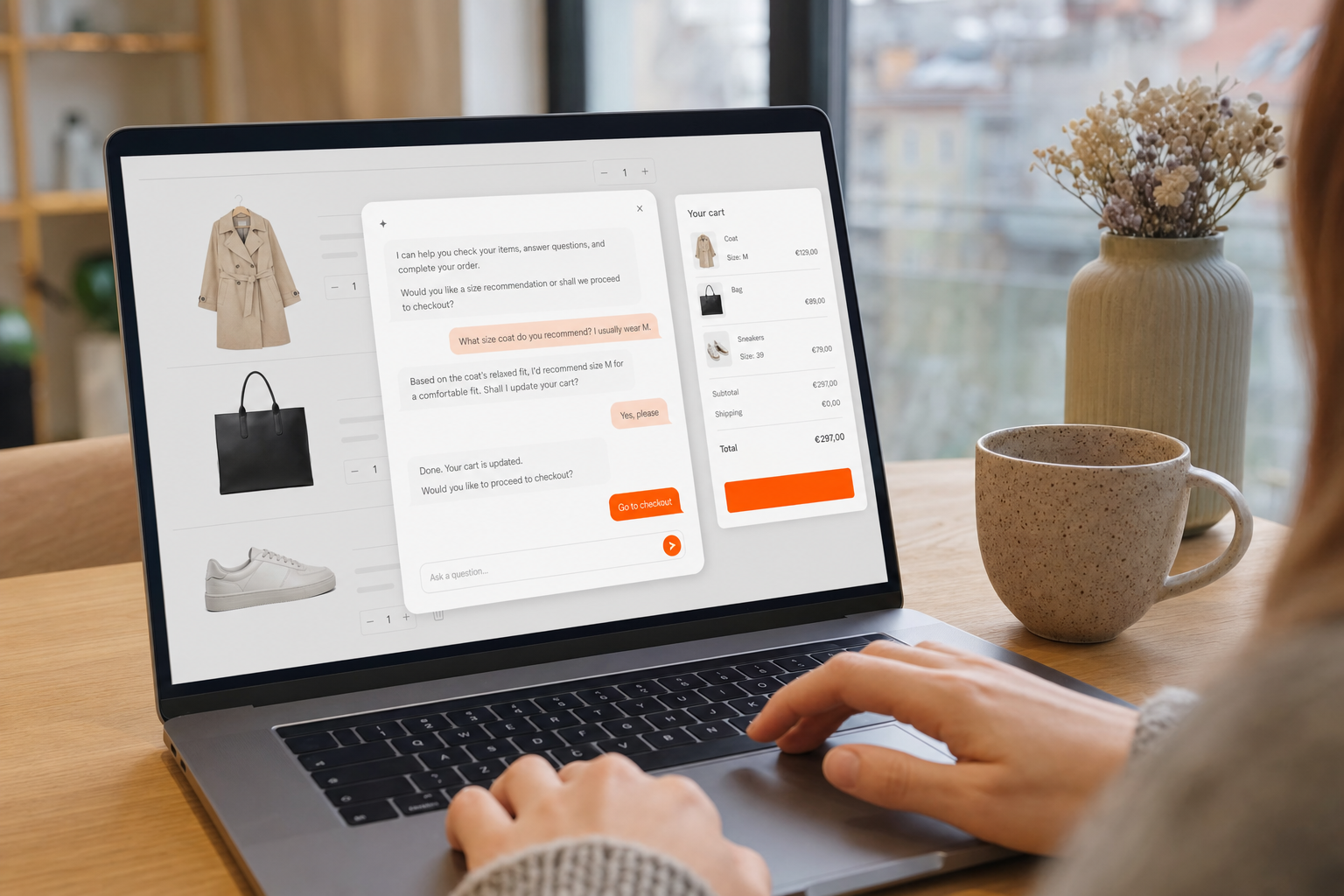 A realistic digital shopping interface showing an AI chat window assisting a customer with product selection and checkout on an ecommerce website, with a cart and product images visible in the background. Alt: Alhena AI checkout-aware assistant helping a customer complete a purchase on an ecommerce store.