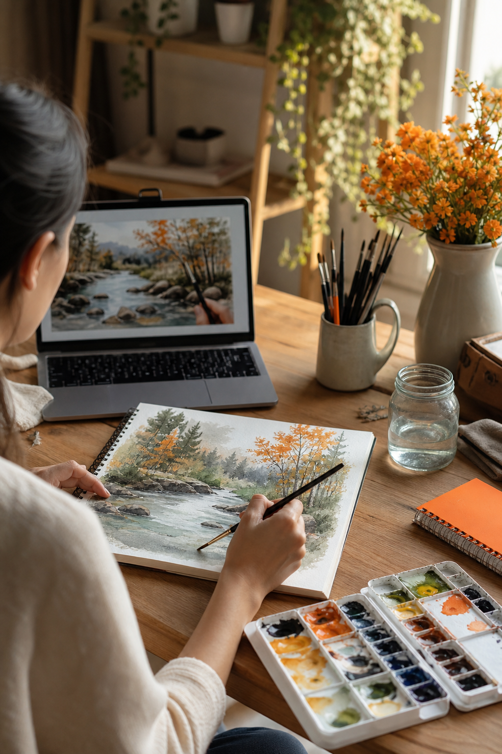 A photorealistic image related to intermediate-watercolor-painting-class-online. Alt: intermediate-watercolor-painting-class-online