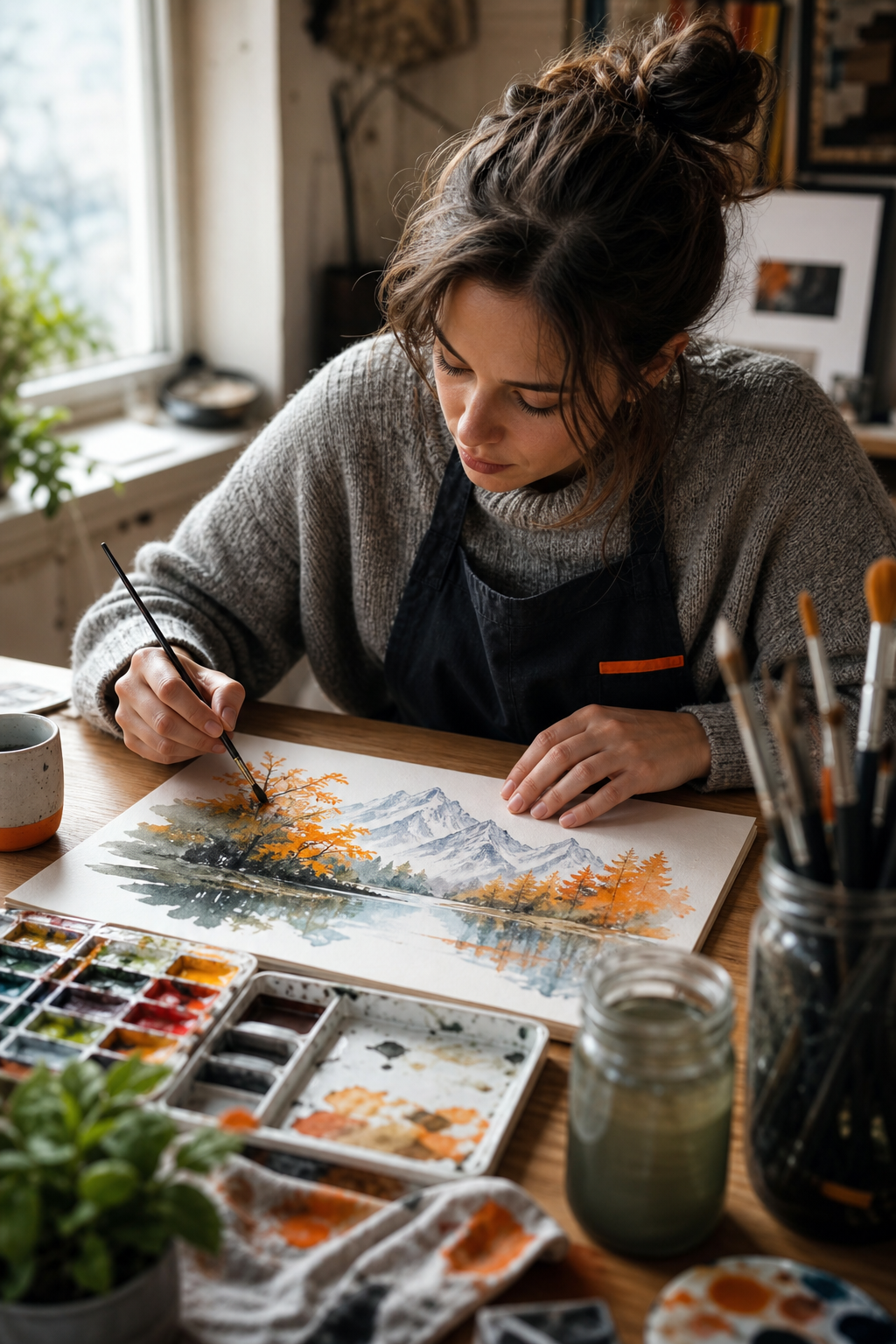 A photorealistic image related to intermediate-watercolor-painting-class-online. Alt: intermediate-watercolor-painting-class-online