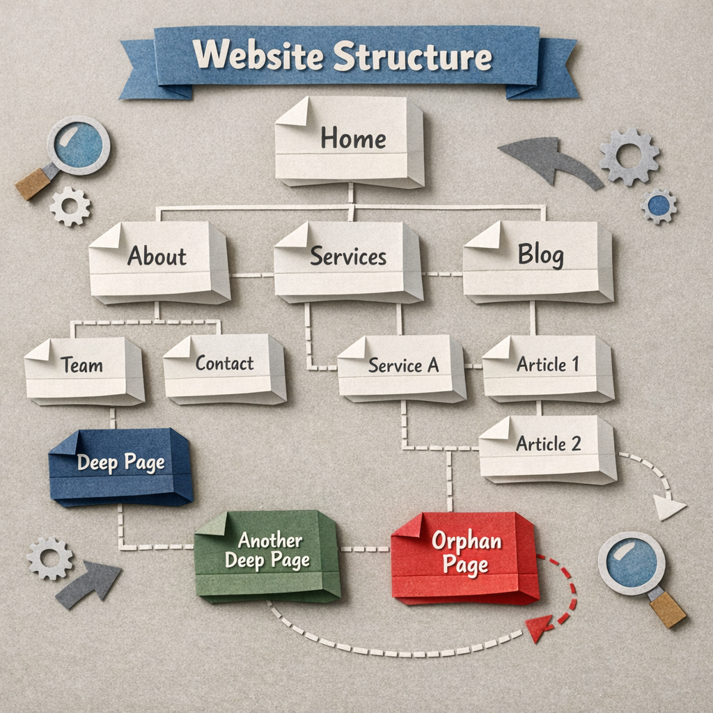 A Papercraft style illustration of a website’s hierarchical map, showing pages as folded paper nodes connected by lines, with some nodes highlighted as deep or orphan pages. Alt: internal linking automation audit visual.