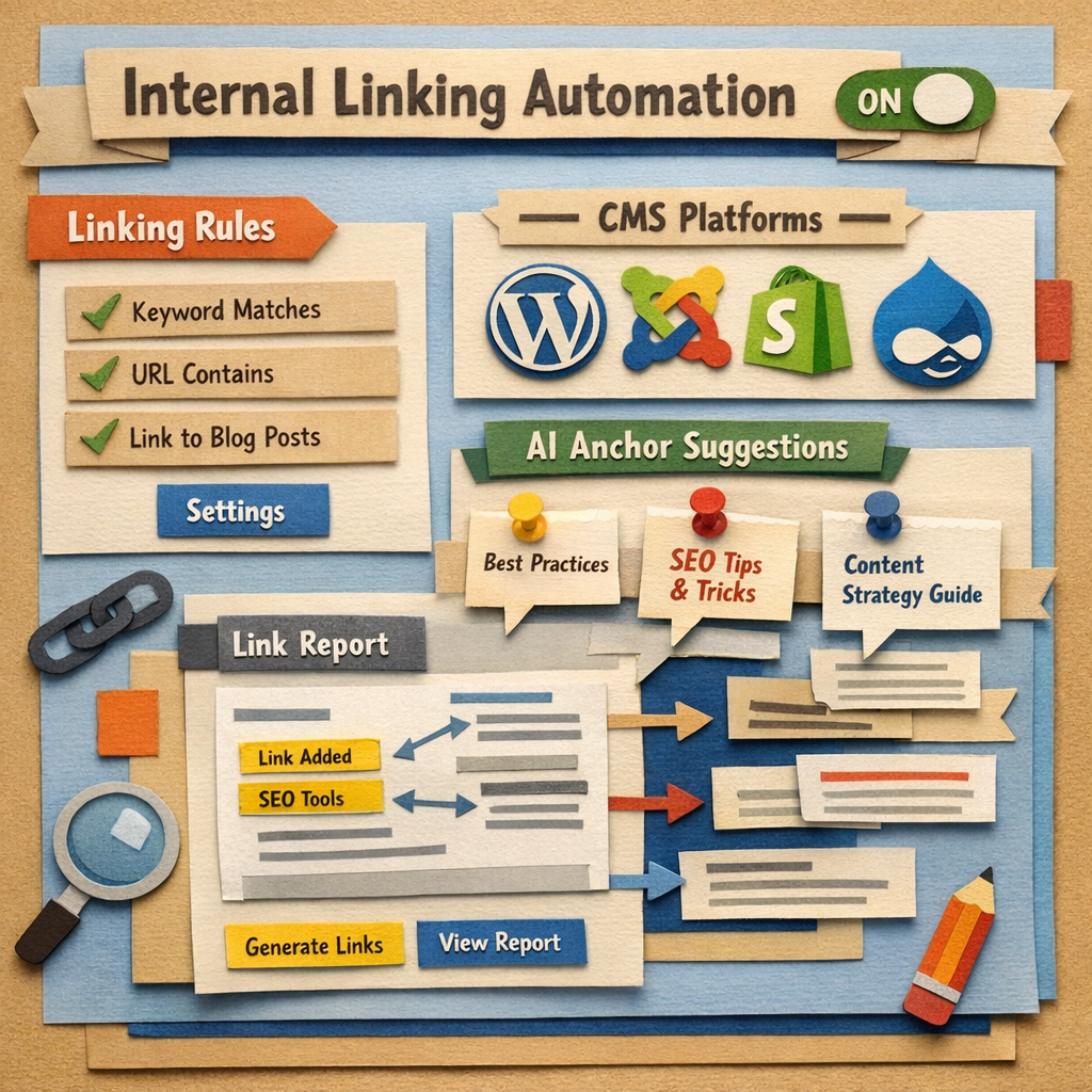 A Papercraft illustration of a dashboard showing rule‑based internal linking automation, with icons for different CMS platforms and AI‑generated anchor suggestions. Alt: internal linking automation dashboard papercraft style
