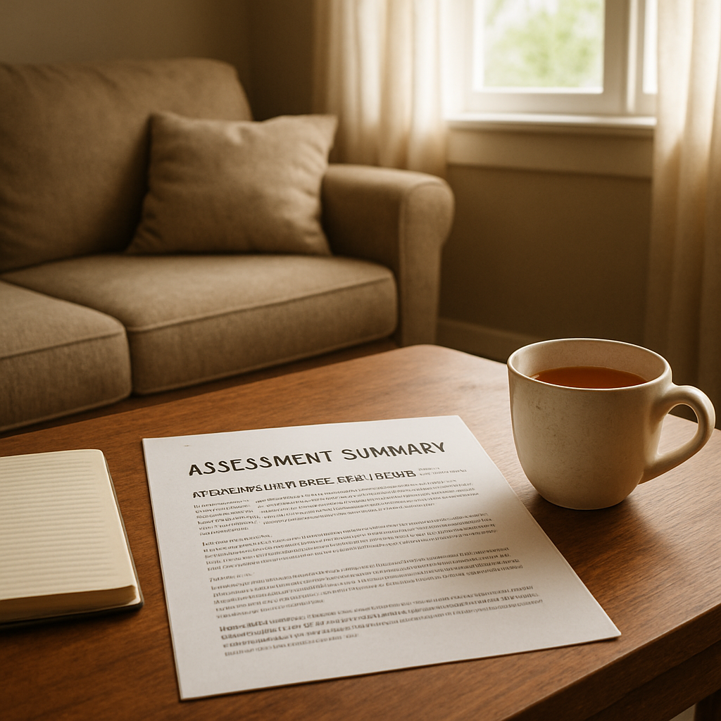 A photorealistic scene of a cozy living room with a coffee table holding a printed assessment summary, a notebook, and a cup of tea; soft natural light streams through a window, highlighting a calm, hopeful atmosphere. Alt: Assessing the situation before an intervention for alcoholic husband.