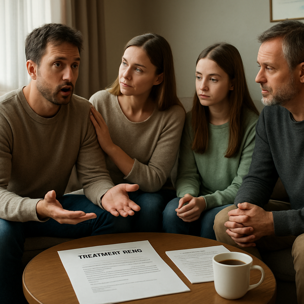 A photorealistic scene of a modest living‑room with a round coffee table holding a printed treatment menu, a handwritten intervention letter, and a steaming mug of tea; soft natural lighting highlights a supportive spouse and two calm family members seated, all listening intently to the husband as he looks surprised yet engaged. Alt: Intervention for alcoholic husband, realistic style.