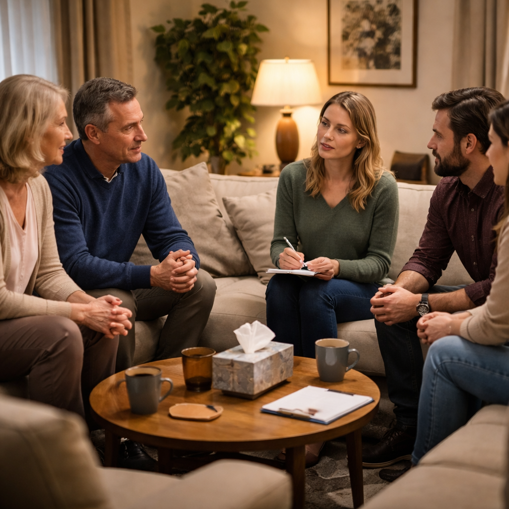 A photorealistic living room scene showing a calm intervention planning discussion about an alcoholic parent, in a realistic setting, with soft lighting, adults seated, not confrontational. Alt: Intervention planning conversation in a living room for alcoholic parent support, Realism style.
