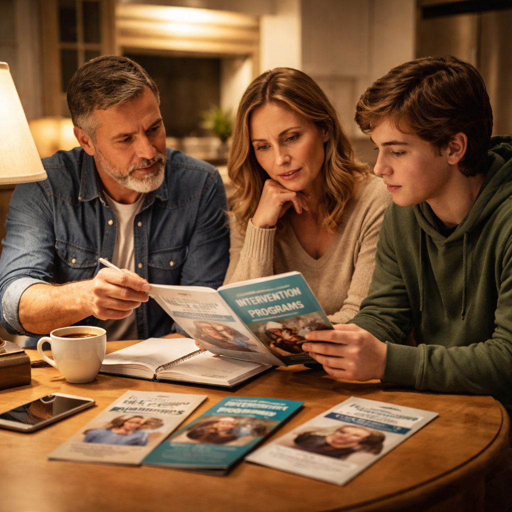 A realistic, photorealistic scene of a family sitting around a kitchen table with a notebook open, a gentle lamp casting warm light, showing a parent, a spouse, and a teen discussing options for an intervention program, with supportive brochures and a phone nearby. Alt: Family comparing intervention program options for an alcoholic parent.