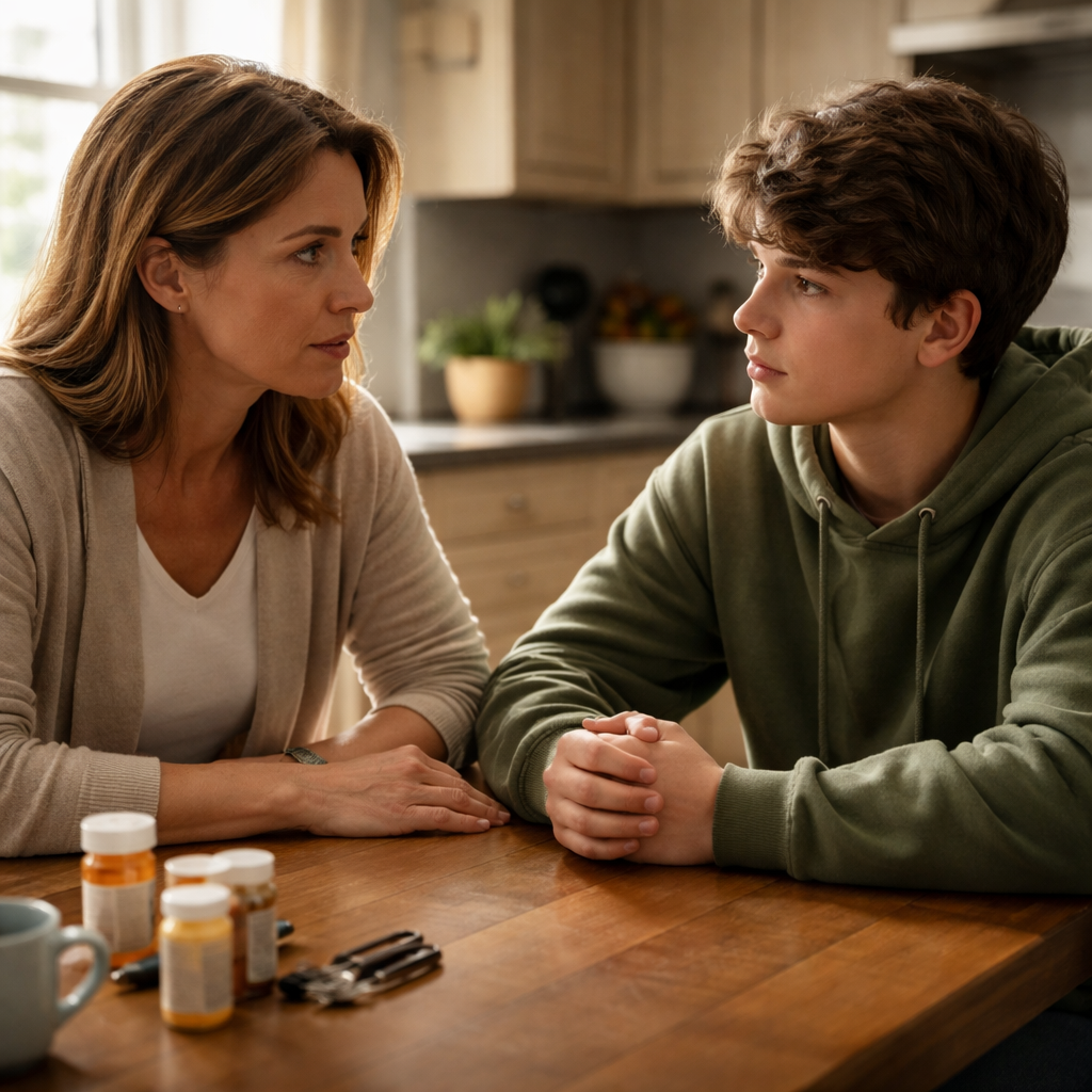 A photorealistic scene of a caring adult sitting across a teenage child at a kitchen table, both looking attentive and calm, soft natural light, realistic interior, emphasizing a compassionate conversation about drug use. Alt: compassionate conversation about teen drug intervention