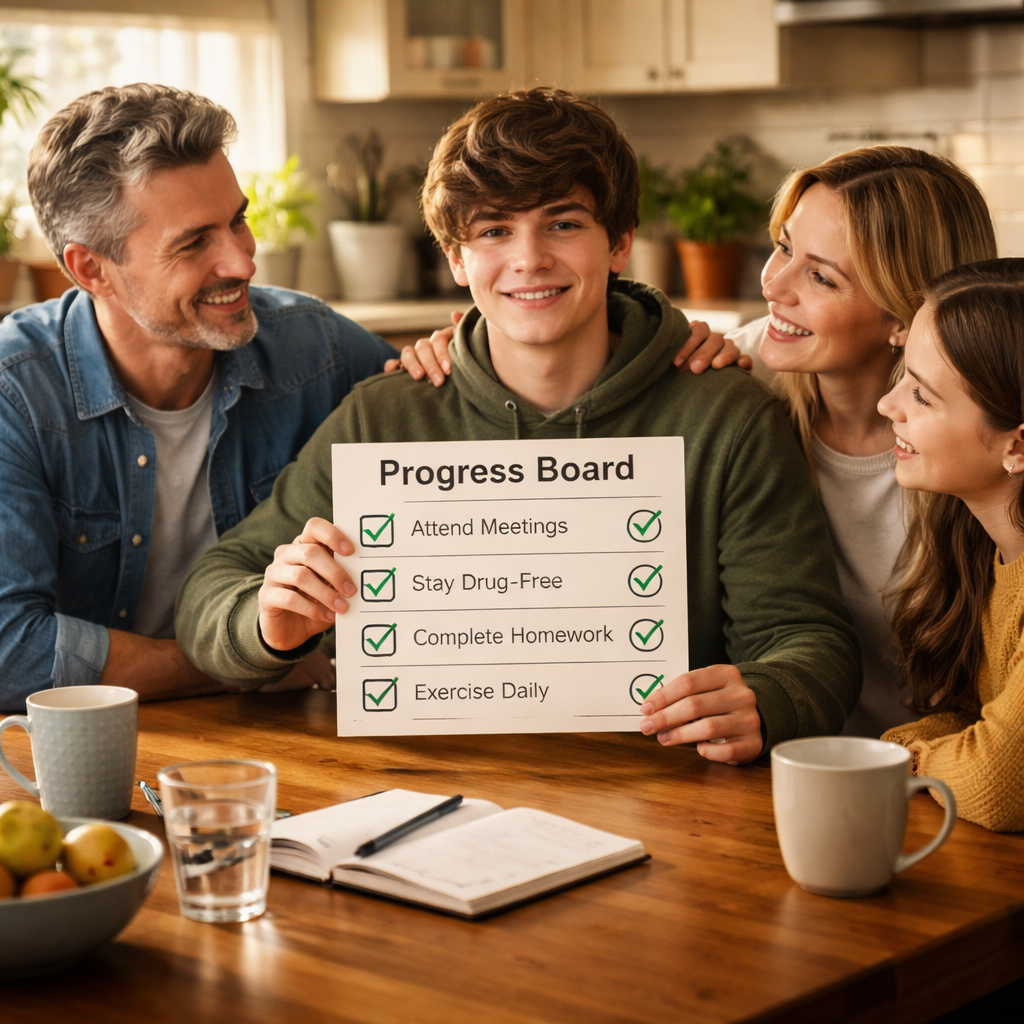 A photorealistic scene of a supportive family sitting around a kitchen table, a teen holding a progress board with check marks, soft natural light, realistic interior, showing calm after an intervention. Alt: supportive strategies after teen drug intervention