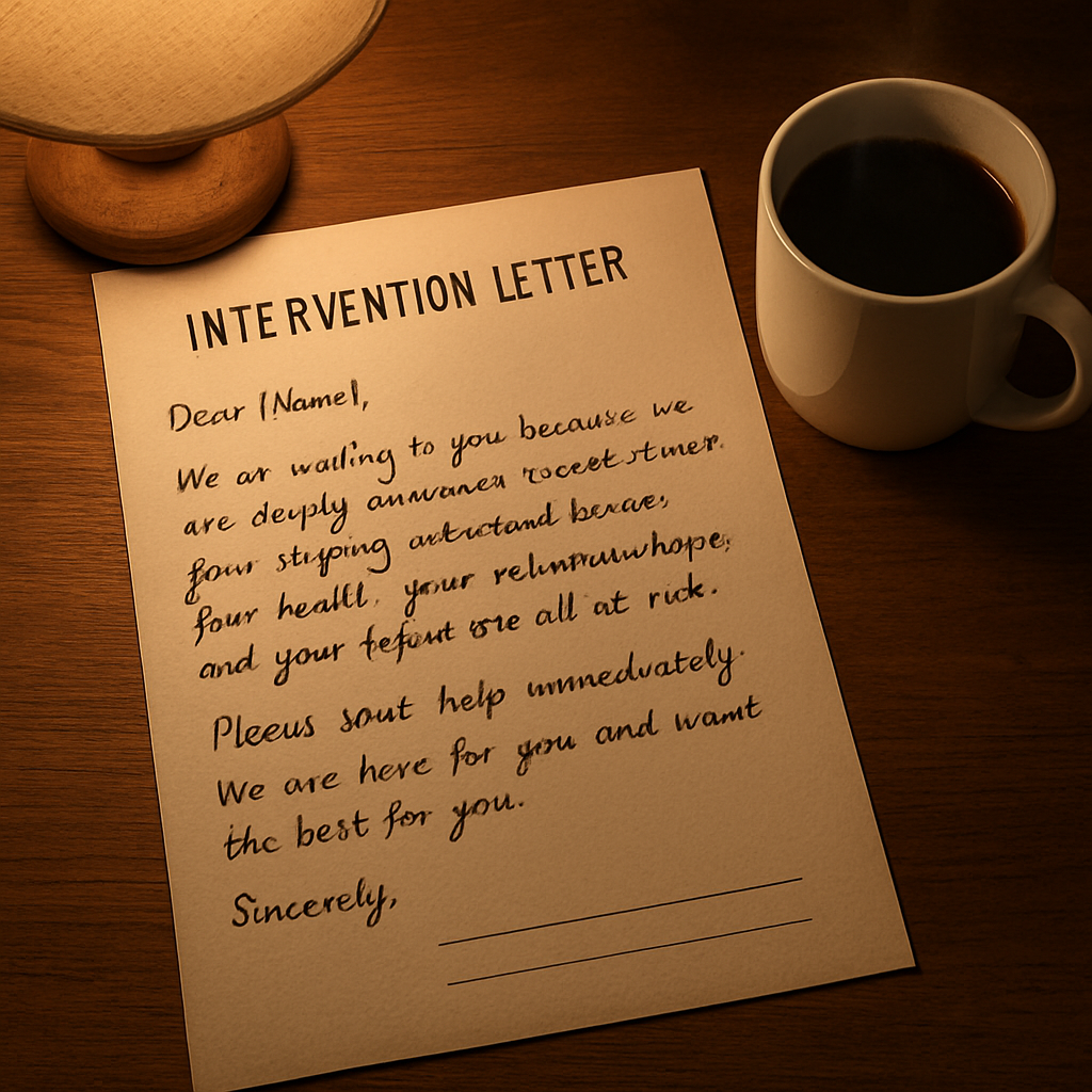 A handwritten intervention letter on a wooden desk, with a cup of coffee and a soft lamp, emphasizing warmth and sincerity. Alt: Sample intervention letter for substance abuse