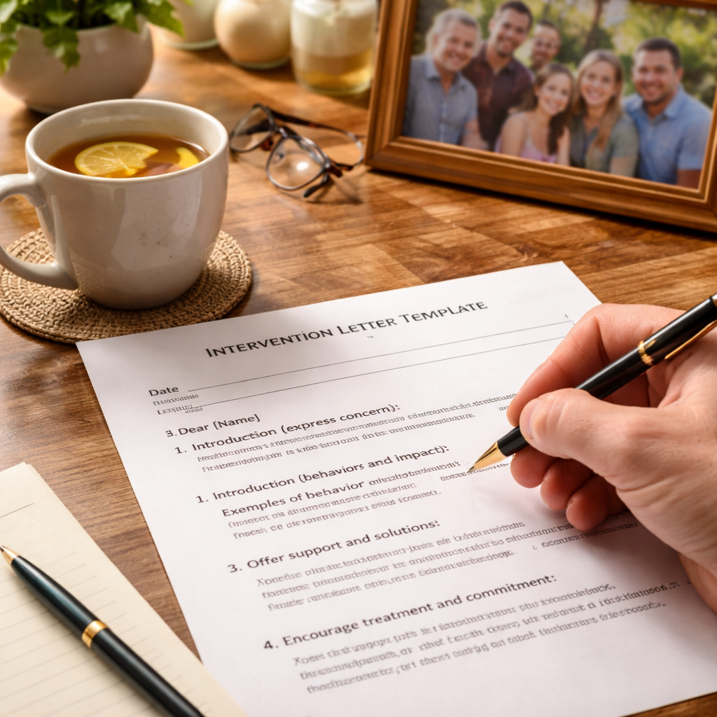 A photorealistic scene of a hand writing an intervention letter template on a kitchen table, with a cup of tea and a family photo in the background. Alt: intervention letter template writing guide.