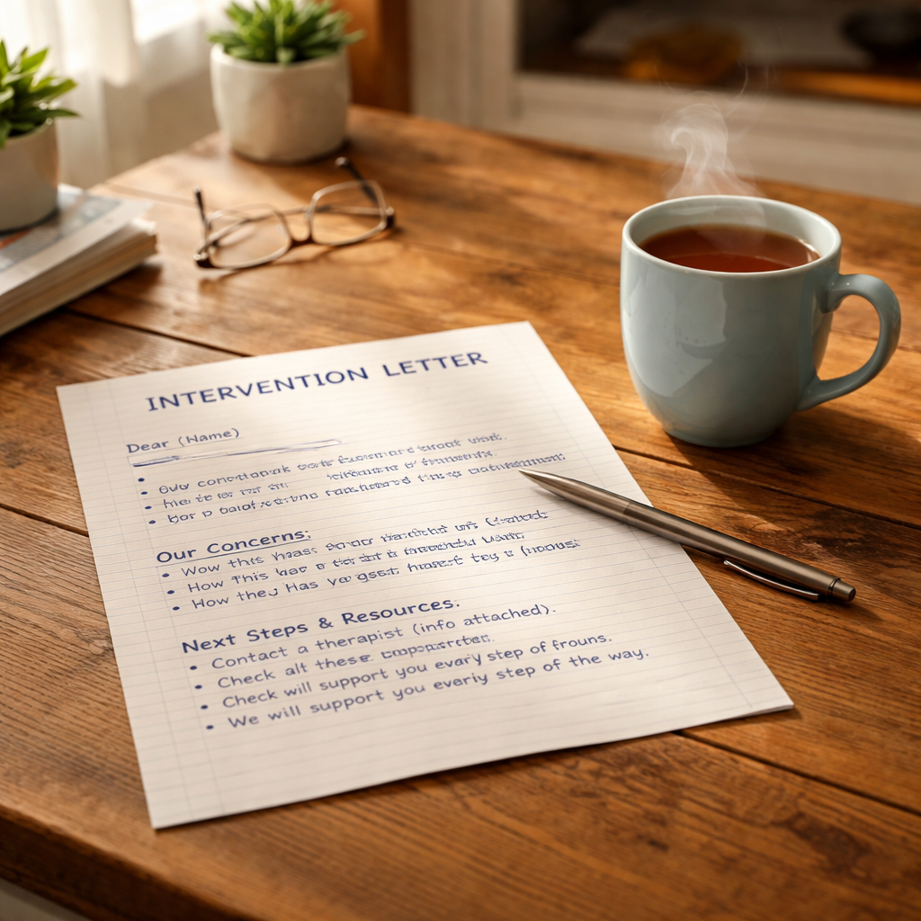 A photorealistic scene of a handwritten intervention letter laid on a wooden kitchen table, a steaming mug of tea beside it, soft natural light from a window, showing clear sections with headings and a bullet list of next‑step resources. Alt: intervention letter template on a kitchen table.