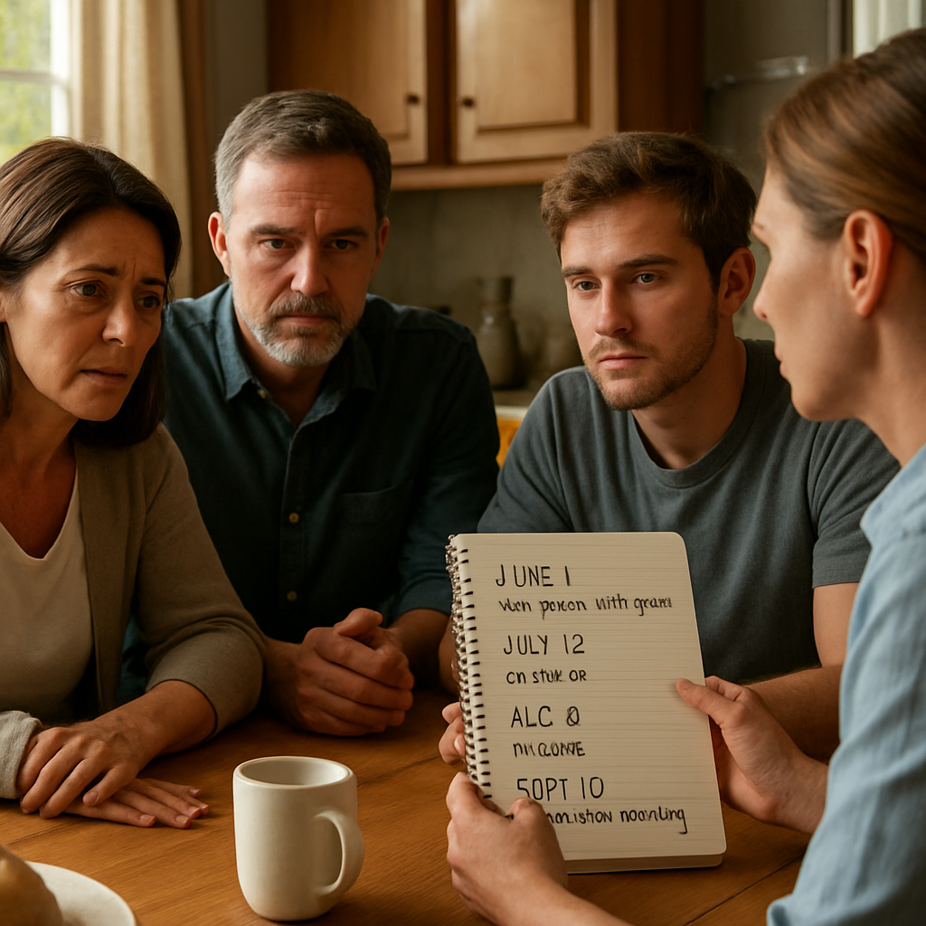 A photorealistic scene of a family gathered around a kitchen table, one person holding a notebook with a timeline of incidents, warm natural lighting, showing concern and hope. Alt: family intervention planning with timeline notebook.