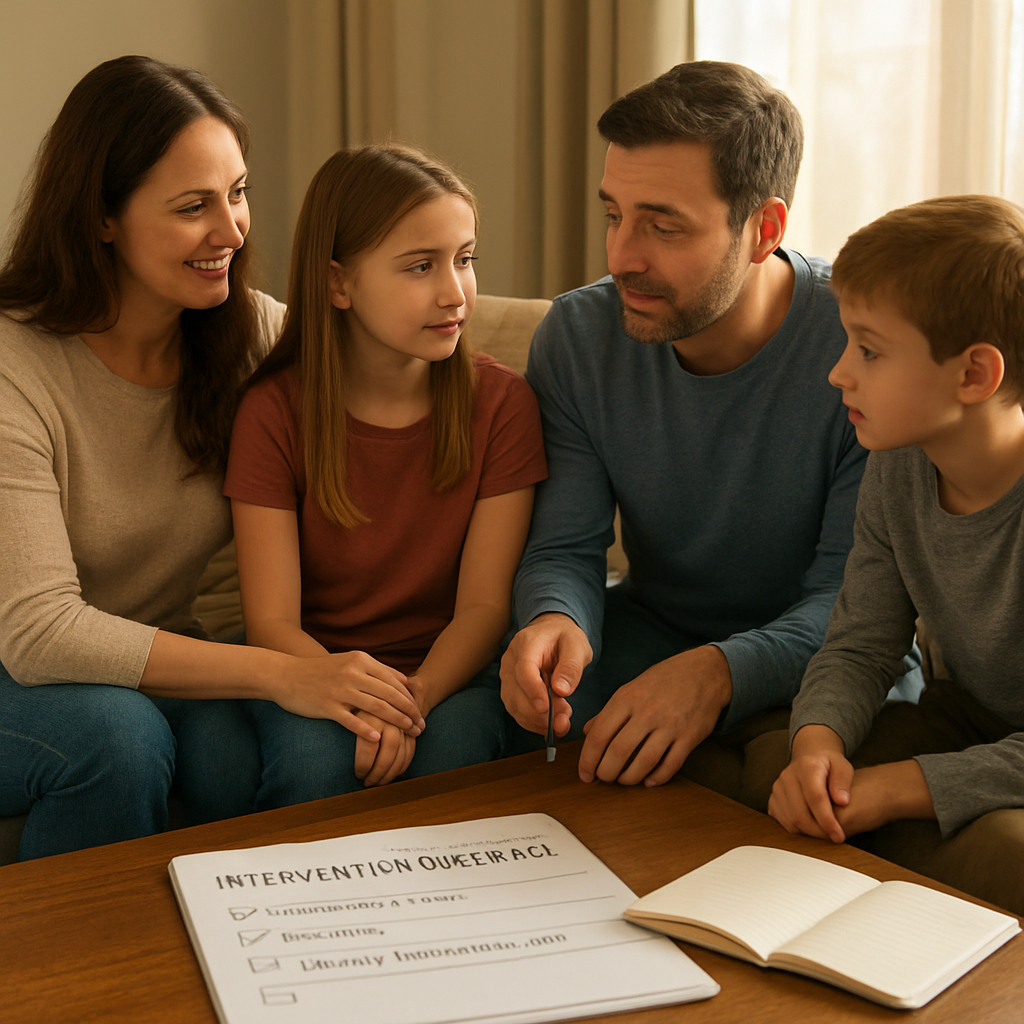 A photorealistic scene of a living‑room setting where a family sits together around a coffee table, a printed intervention checklist and a notebook lie open, warm natural lighting highlights supportive expressions. Alt: Family implementing intervention process steps with checklist and script.