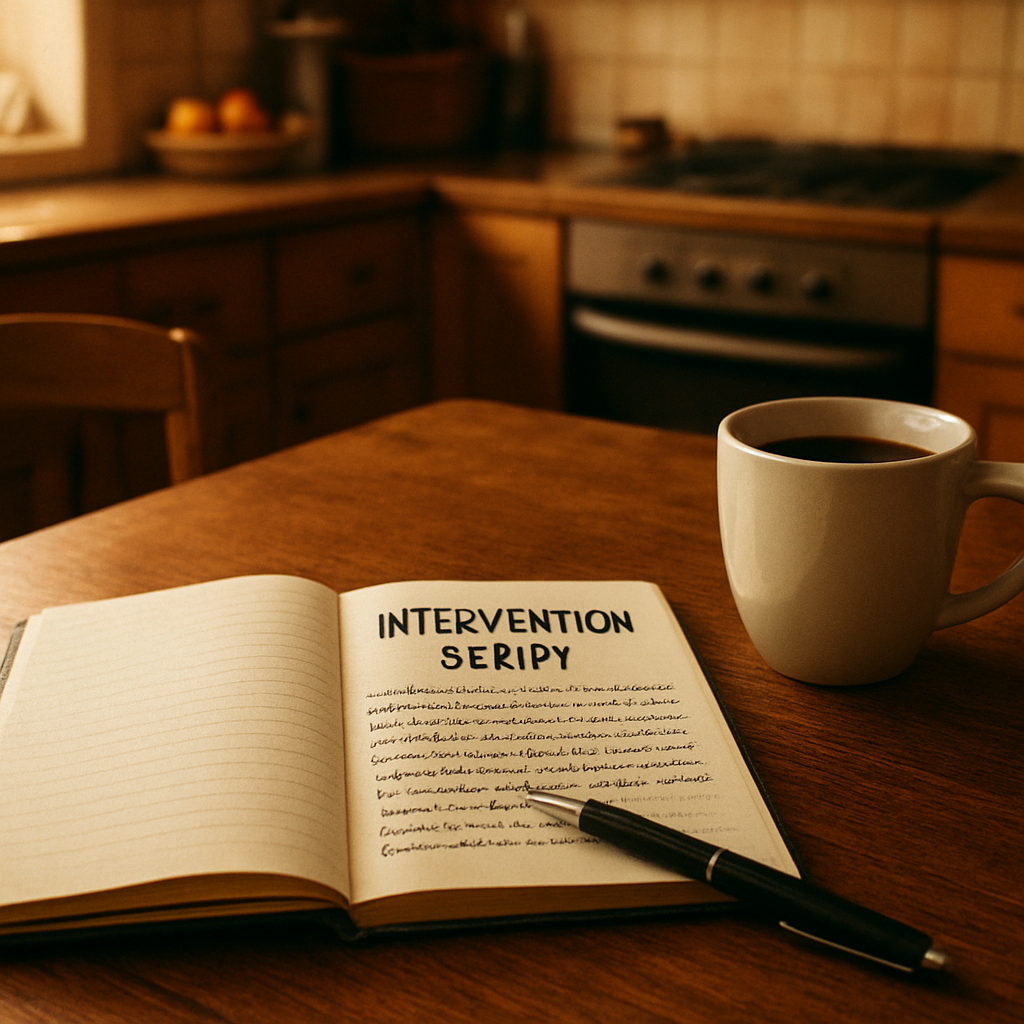 A warm kitchen table with a notebook open, a pen, and a cup of coffee, symbolizing a family drafting an intervention script. Alt: intervention script planning at a kitchen table.