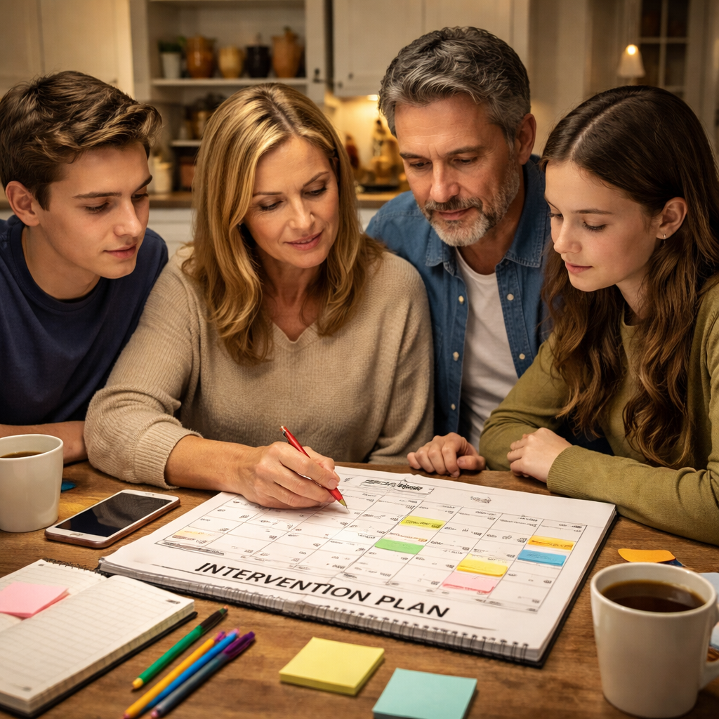 A photorealistic scene of a family sitting around a kitchen table with a notebook open, marking dates on a calendar to plan an intervention timeline. Alt: family planning intervention timeline.