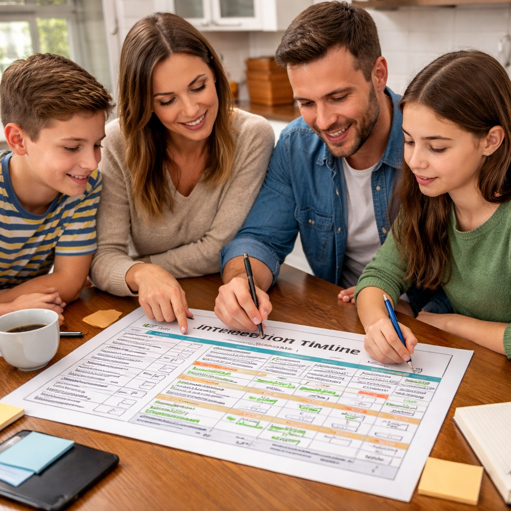 A photorealistic scene of a family gathered around a kitchen table reviewing a colored intervention timeline chart on paper, checking off tasks and noting dates. Alt: Family using an intervention timeline to track progress.
